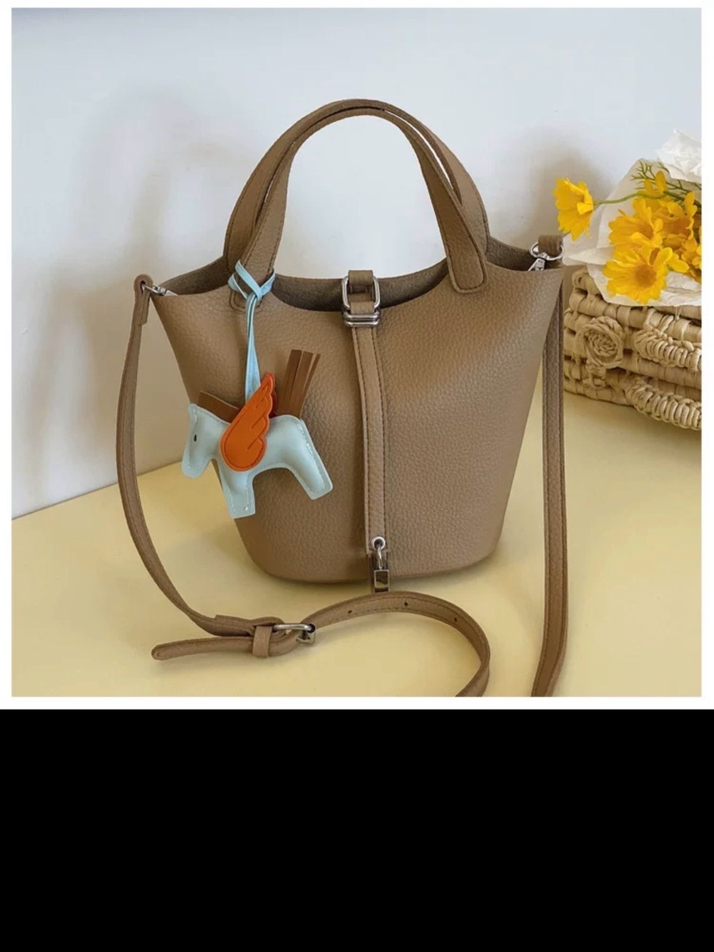 Taupe Women's Leather Bucket Bag with Removable Strap